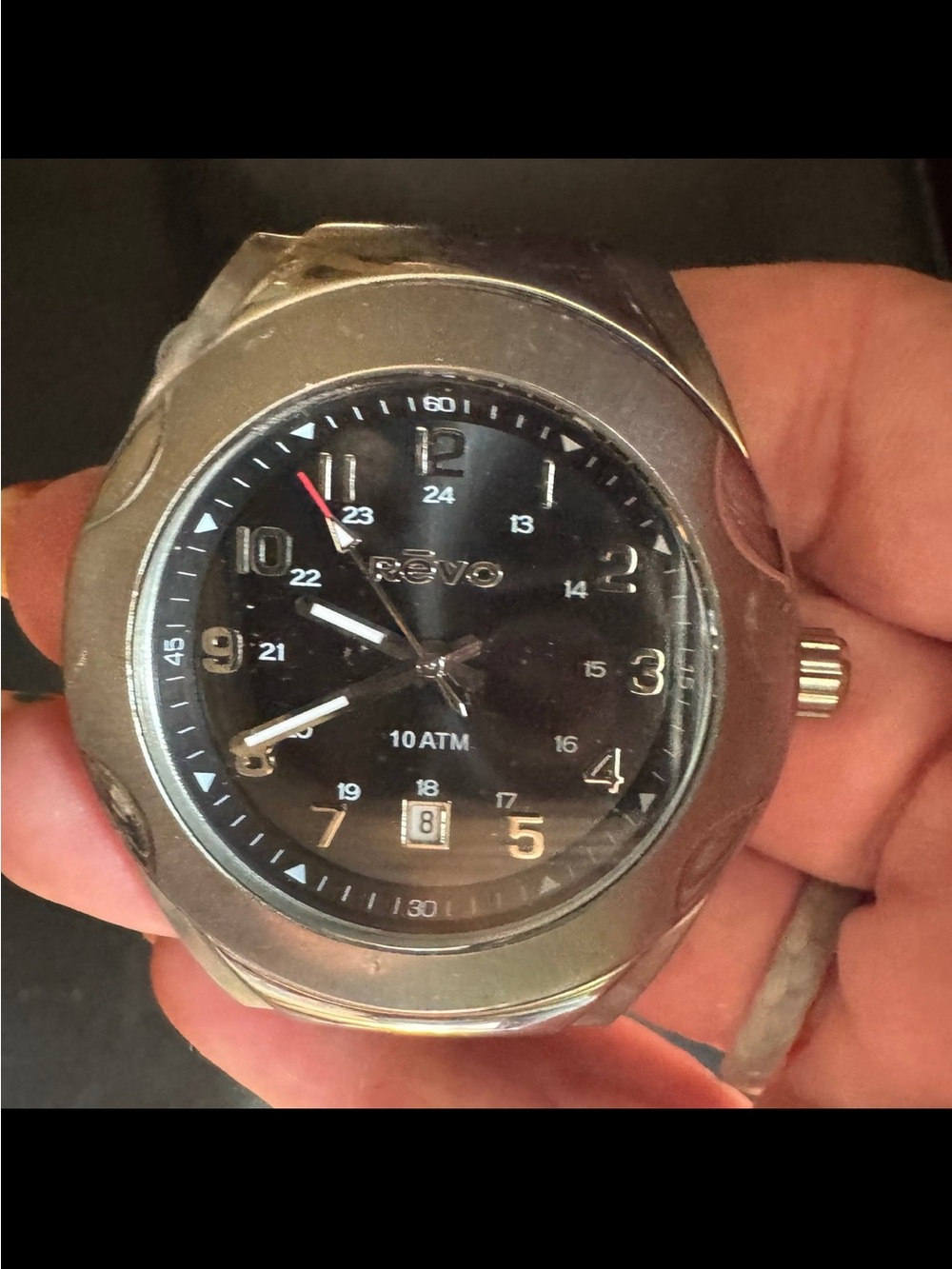Revo Men's Silver Case Black Dial Watch with Red Accent